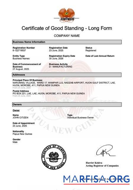 Printable New Guinea certificate of good standing Word and PDF template, version 2